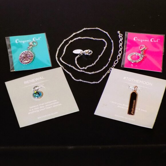 Origami Owl Jewelry - Lot 5 Origami Owl Jewelry Bundle.  Chain & 4 Charms.  Sterling Silver, Swarovski